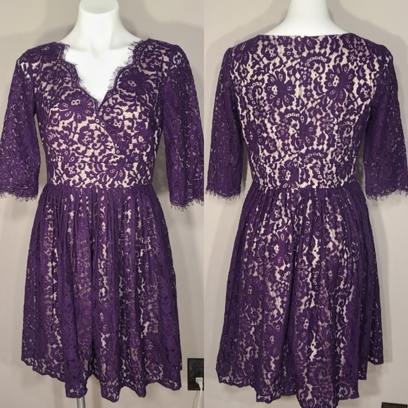 Eliza J. Fit and Flare Pleated Lace Dress Purple - Picture 1 of 7
